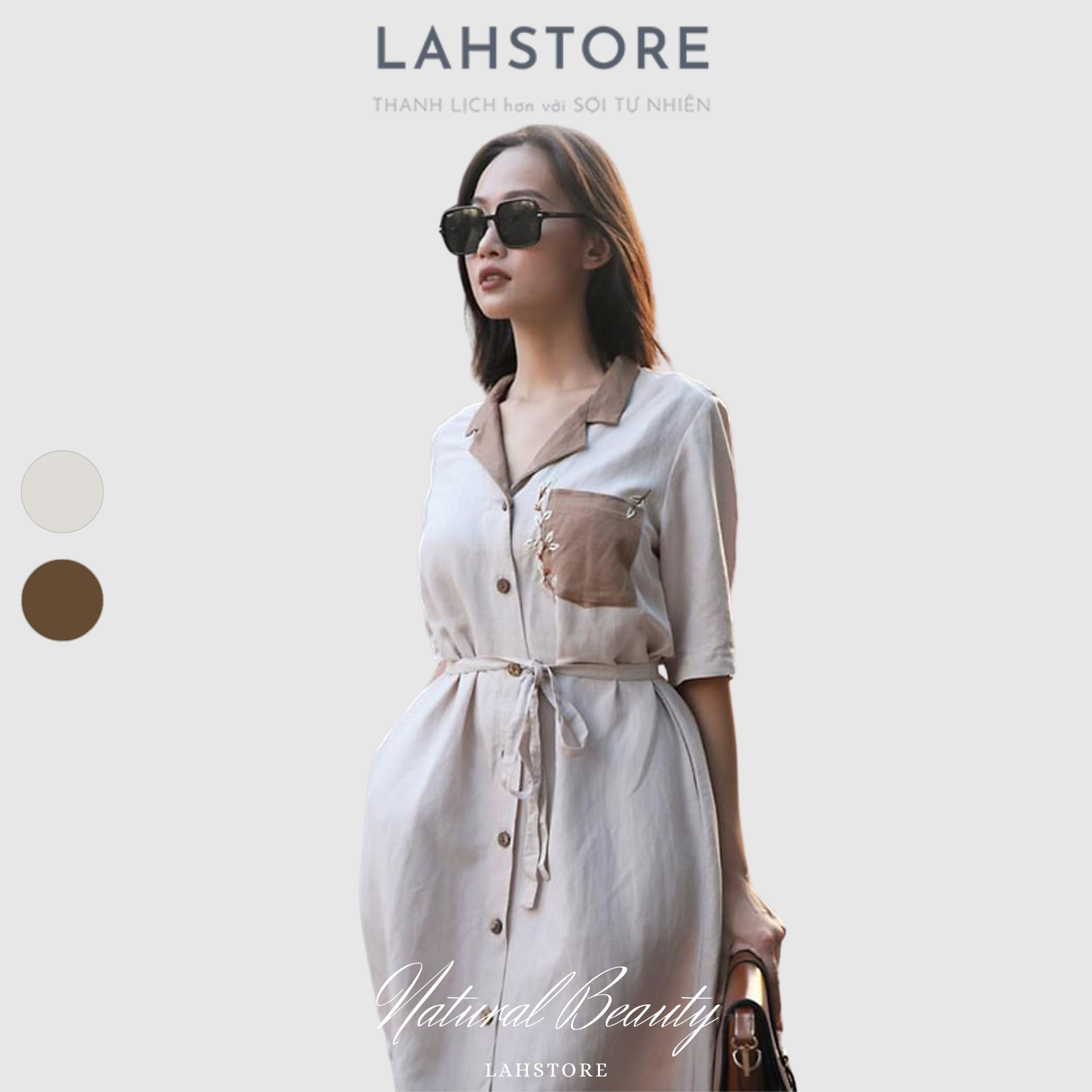 Đầm linen suông tay lỡ vải linen tưng premium cổ sơ mi túi thêu hoa LAHSTORE Linen Dress Collection