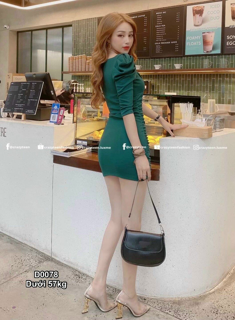 Đầm Body Ôm Dáng Tay Lỡ Nhún Hông Thời Trang Nữ. QC