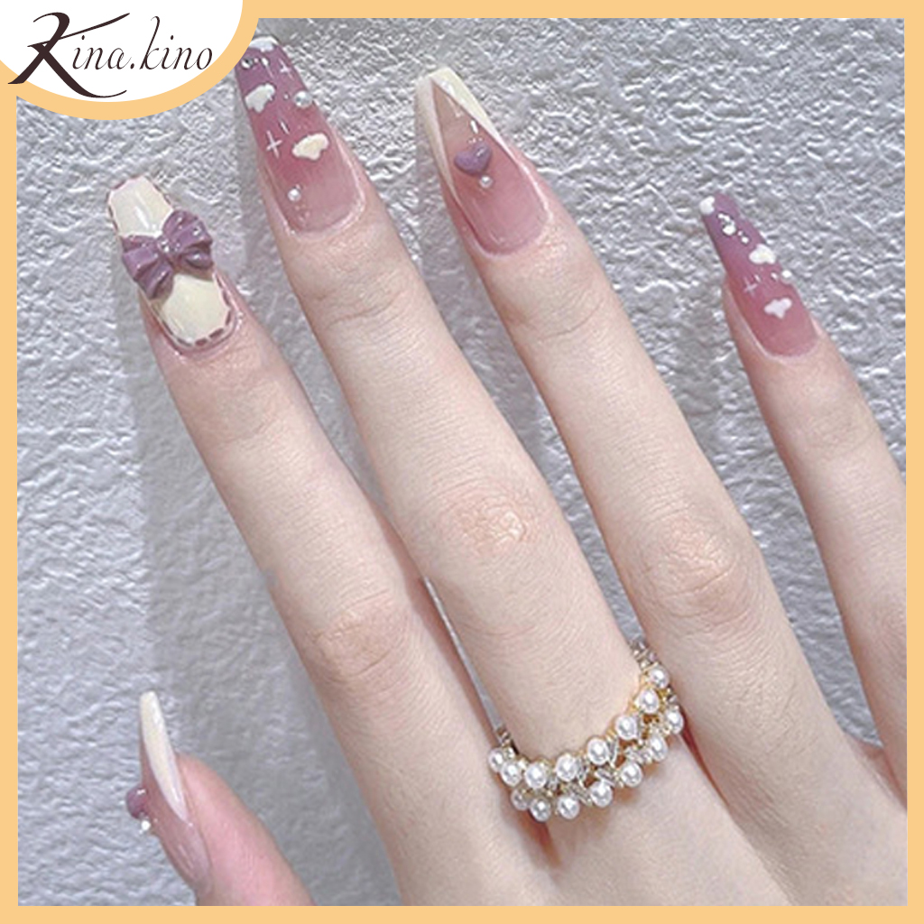 Bộ 24 móng tay giả màu tím đính nơ xinh-Kinakino Phukienlamdep