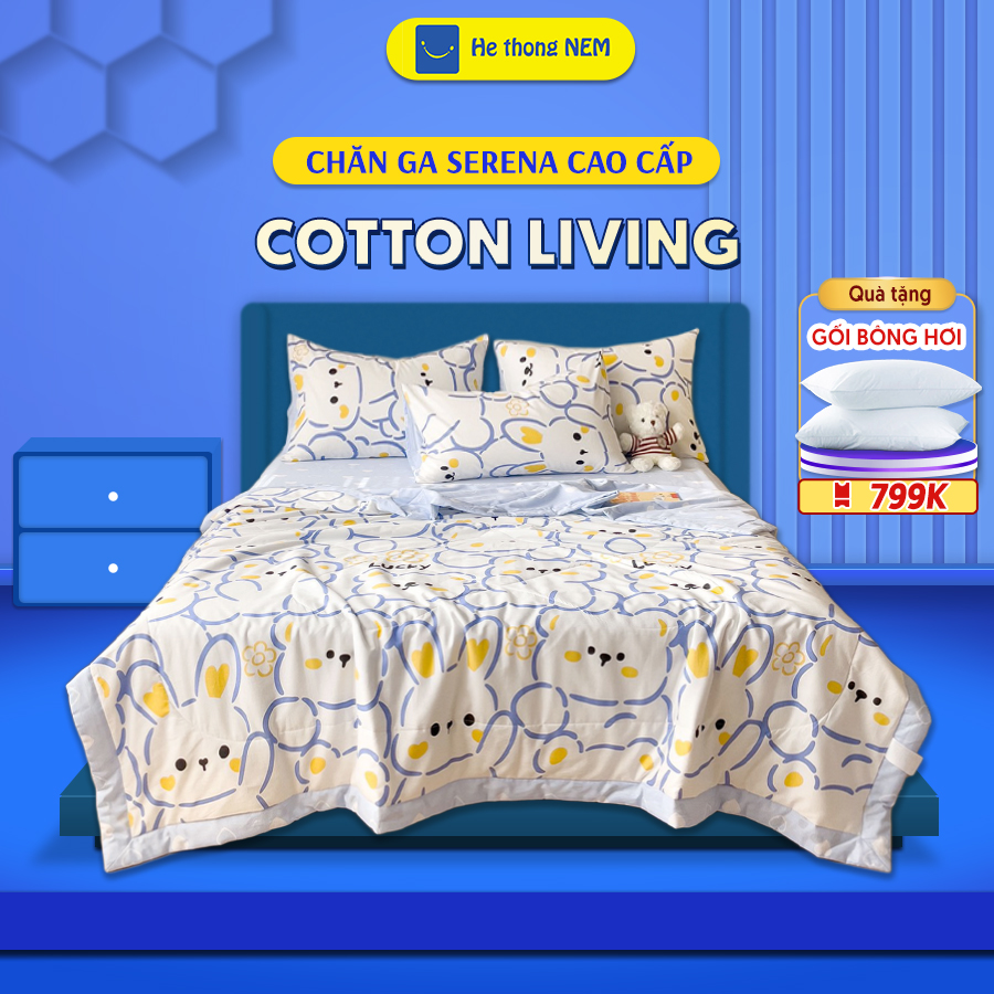 (MUA 1 TẶNG 2) Bộ chăn ga gối đệm 5 món chăn trần bông cao cấp Cotton Living thoáng mát, mềm mại, họa tiết gấu xanh SERENA cao cấp - Hệ thống nệm - Miễn phí vận chuyển