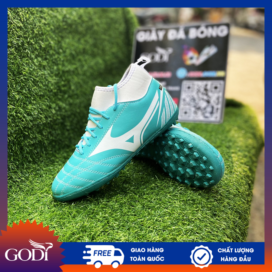 Giày đá bóng cổ thun màu xanh ngọc size 39 - size 44 đã khâu Full đế - Giày đinh đá banh nam cổ cao sân nhân tạo cổ cao đinh TF Godi Sport