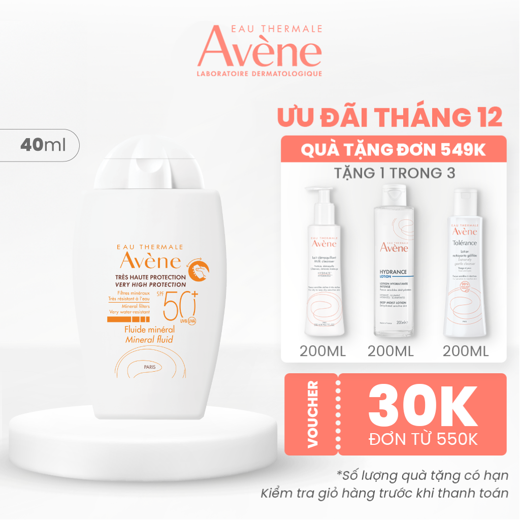 Kem chống nắng vật lý Eau Thermale Avène UV Mineral Fluid SPF50+ giúp bảo vệ khỏi tia UVA,UVB dưỡng ẩm da nhạy cảm 40ml