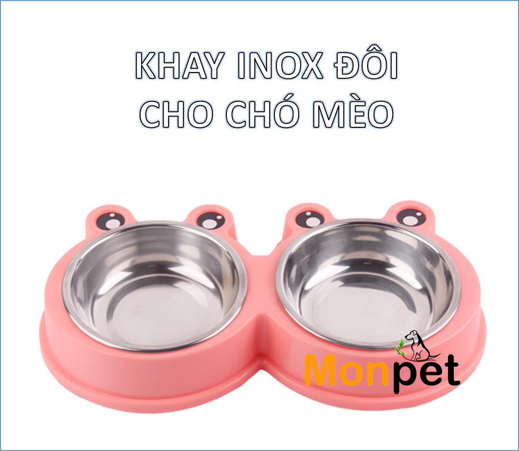 Bát, khay ăn inox 2 ngăn hình ếch cho chó mèo thú cưng