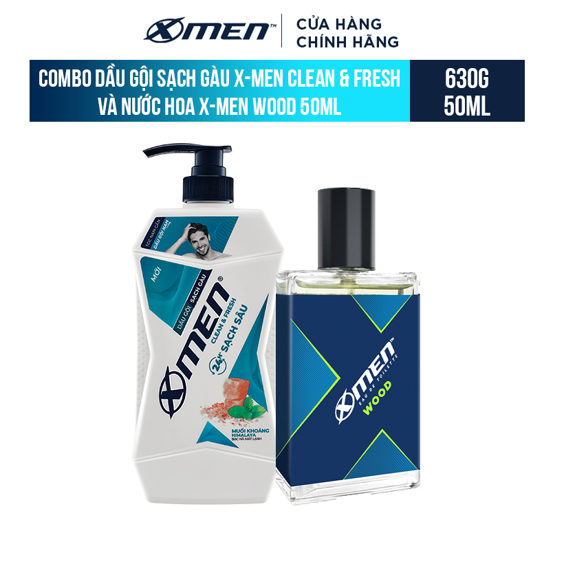 Combo Dầu gội Sạch Gàu X-Men Clean & Fresh 24h Sạch Sâu 630g và Nước hoa X-Men Wood 50ml