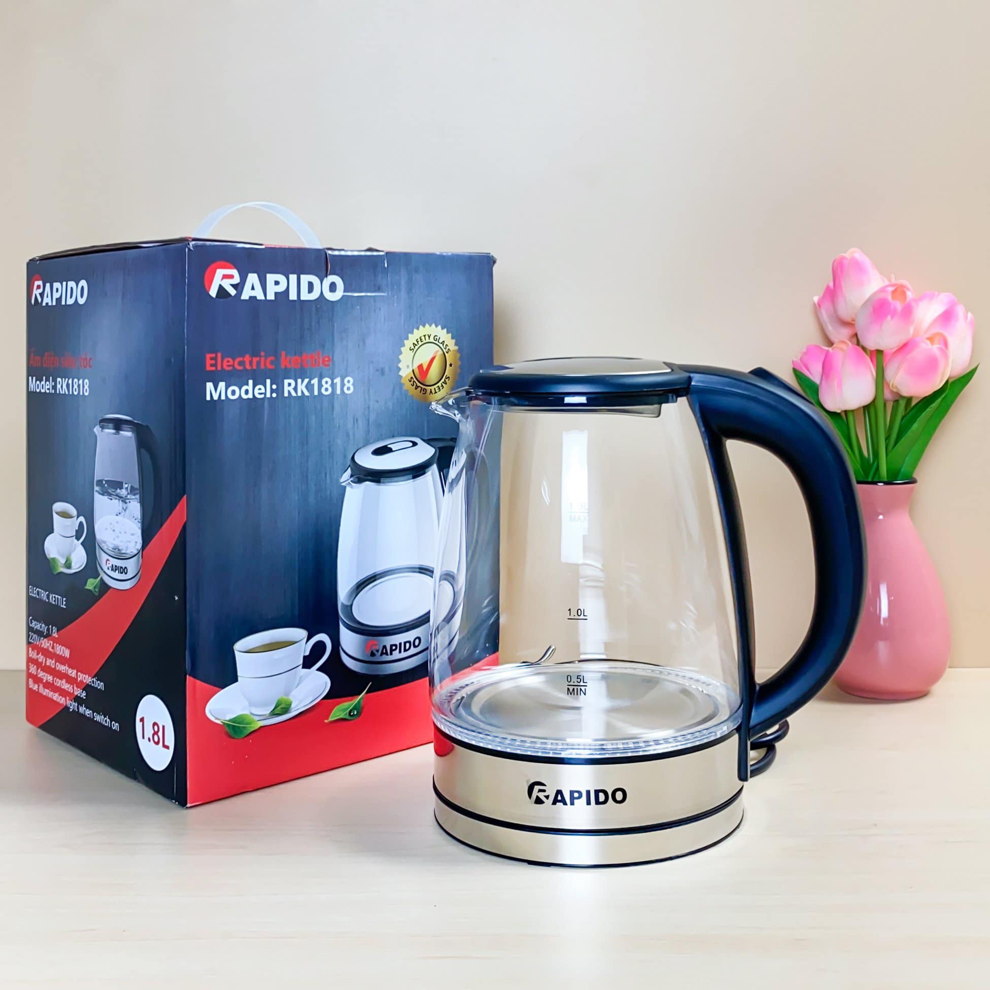 Bình đun siêu tốc thủy tinh Rapido RK1818