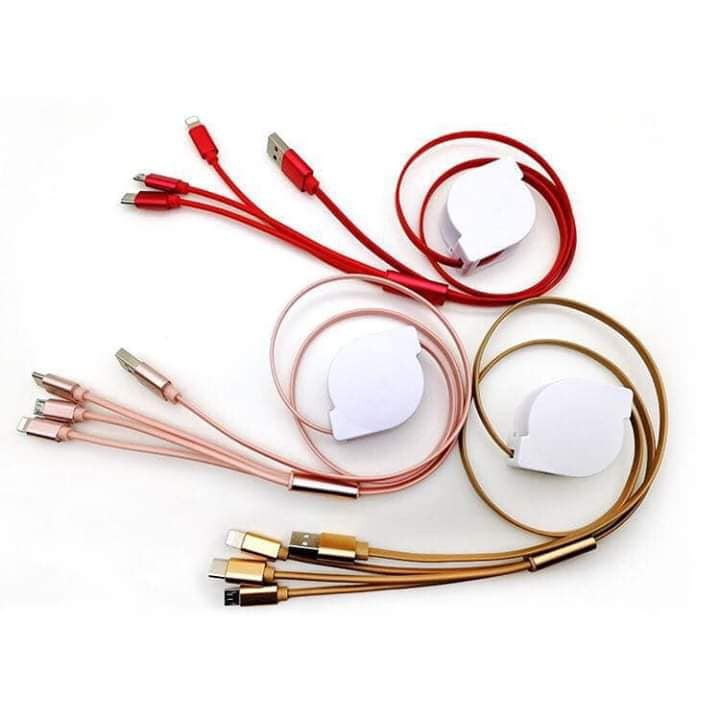 Cáp sạc 3 đầu dây rút tiện lợi 3 in 1 - micro - type c - lightning