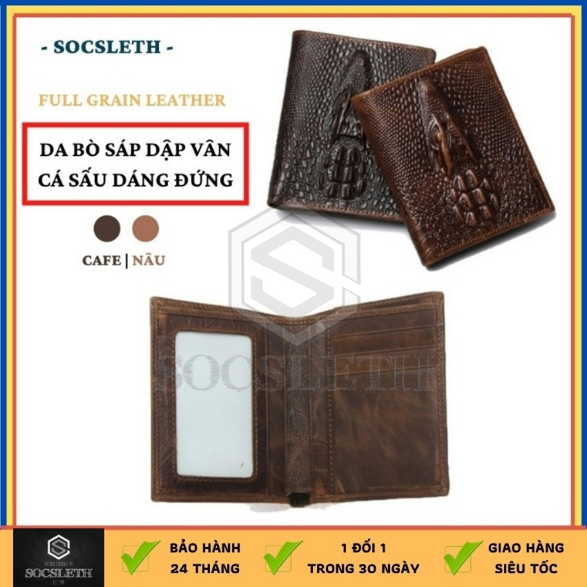 Bóp ví da bò dập vân cá sấu nổi cho nam dáng đứng và ngang, da bò sáp thật lớp đầu, màu cafe và nâu cá tính, cam kết 1 đổi 1 trong 30 ngày, bảo hành 24 tháng về da, ví được tặng kèm hộp đựng lịch sự, Socsleth mã SVC