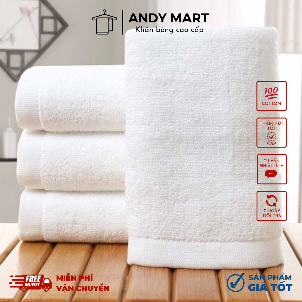 Khăn tắm trắng 65x130cm 100% cotton 260gr sợi bông mềm mại, dày nhẹ, thấm hút dùng trong khách sạn, nhà nghỉ, homestay