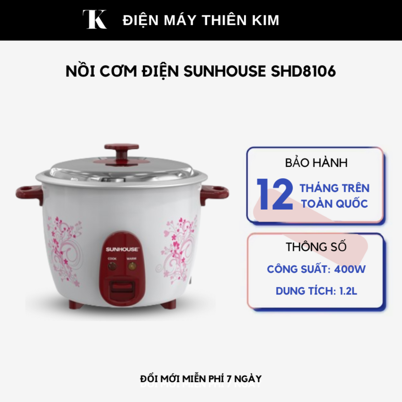 Nồi cơm điện Sunhouse SHD8106 - 1.2L 400W - lòng nồi anod chống trầy thân tôn sơn cách điện - nồi cơm điện nắp rời - bảo hành 12 tháng toàn quốc