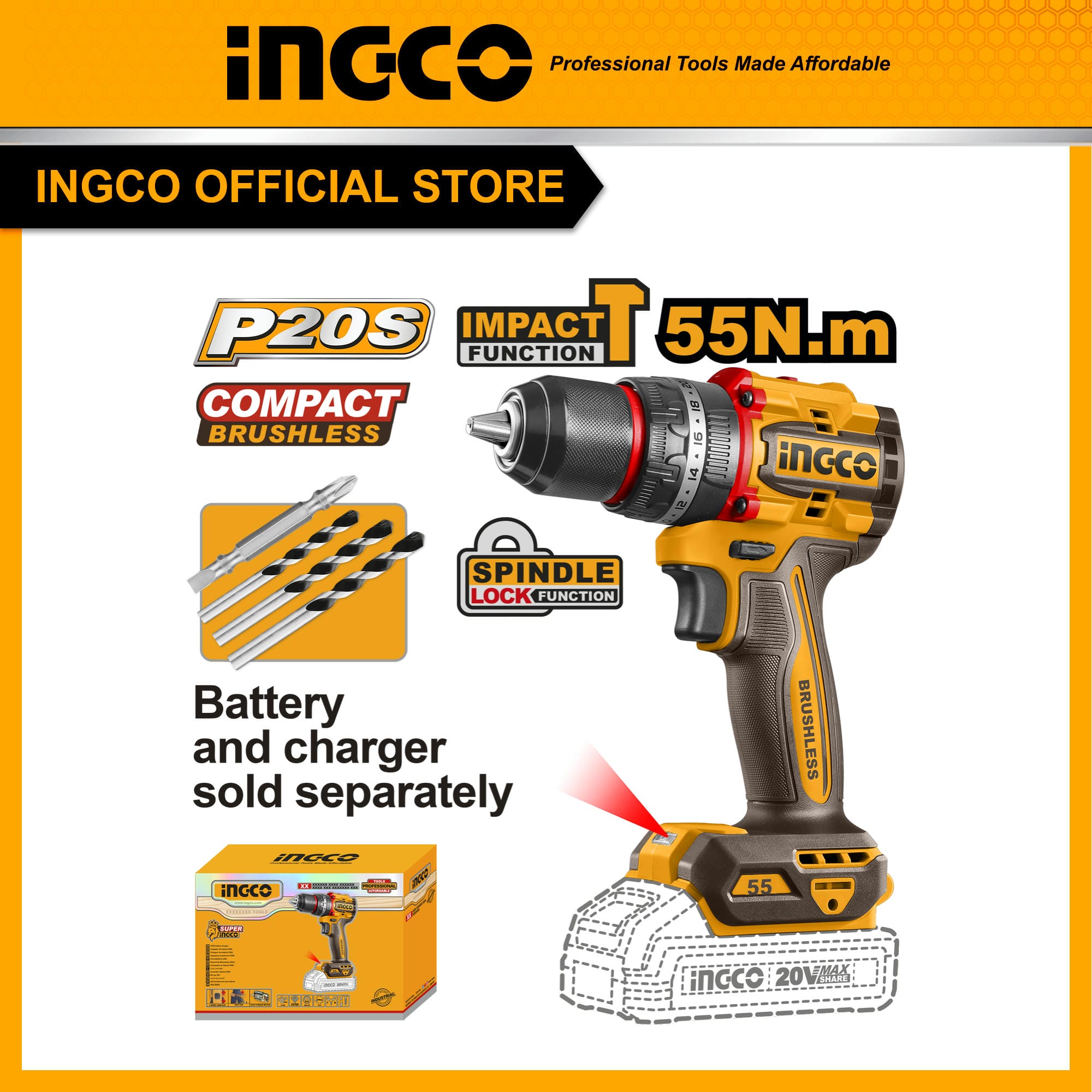 Máy khoan pin 20V ba chức năng có búa motor không chổi than lực siết 55Nm INGCO thân máy CIDLI205581 Full bộ CIDLI20558