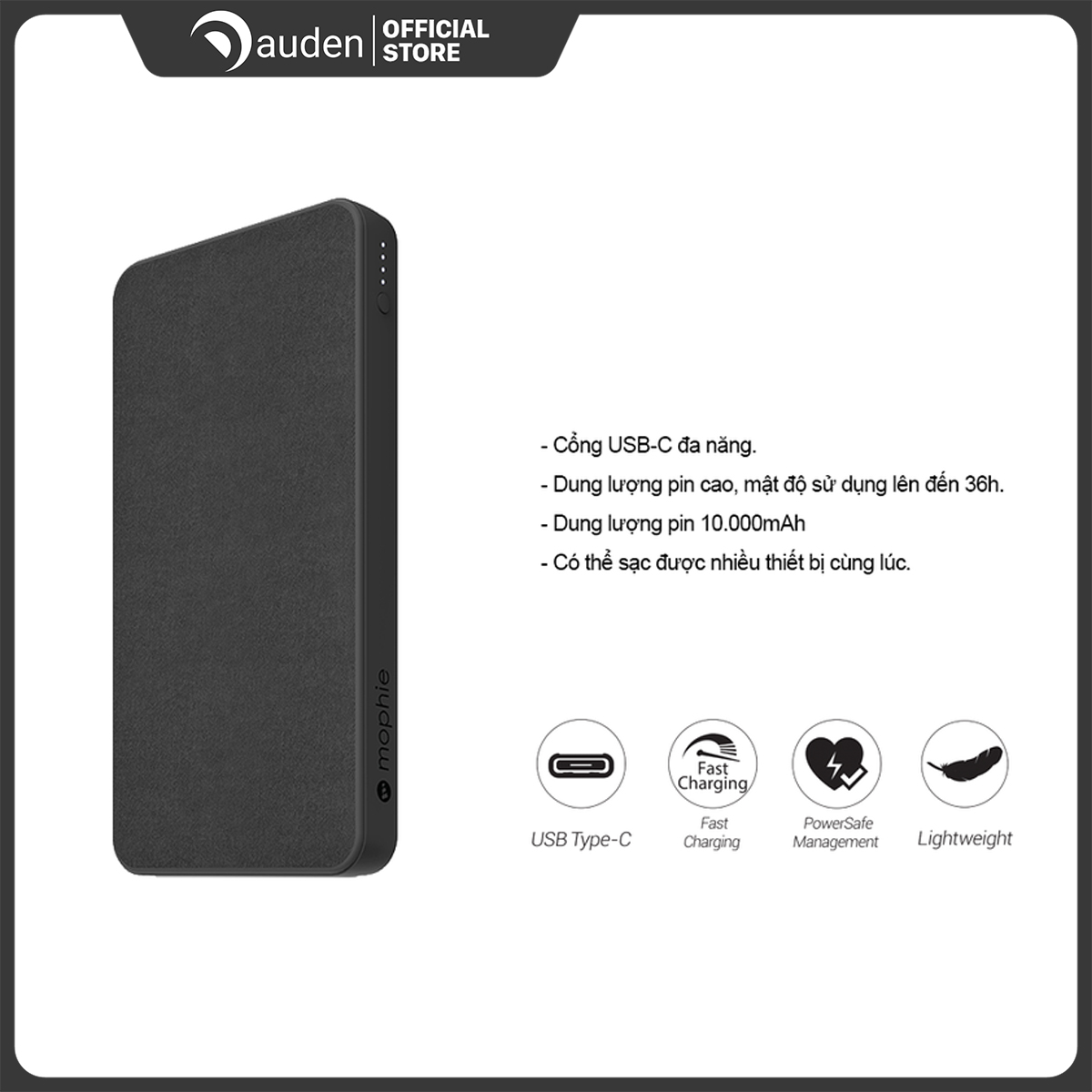 Sạc Dự Phòng Mophie Powerstation Plus XL Fabric 10.000mAh Tích Hợp Cáp Lightning/Micro USB - 401101678 - Dâu Đen Store