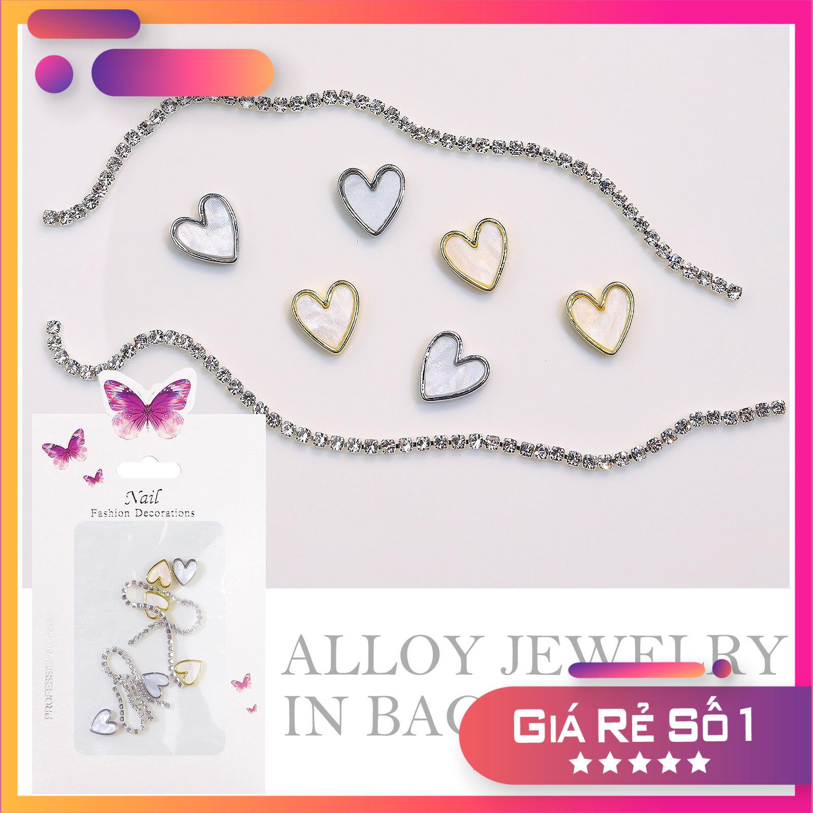 Set charm tim Vàng + Bạc + đá dây đính móng, charm trang trí móng tay - TGN937