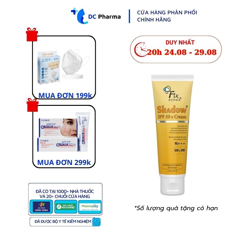 [Hàng chính hãng] Kem chống nắng da mặt Fixderma Shadow SPF 30+ Gel, da dầu mụn, kem chống nắng fixderma shadow chống nắng toàn thân, dưỡng ẩm , hiệu quả hơn xịt chống nắng DC Pharma
