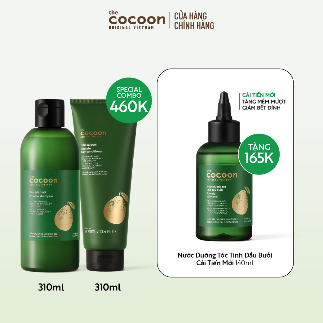 SPECIAL COMBO Gội xả bưởi không sulfate giảm gãy rụng tóc Cocoon tặng 1 Nước dưỡng tóc tinh dầu bưởi 140ml