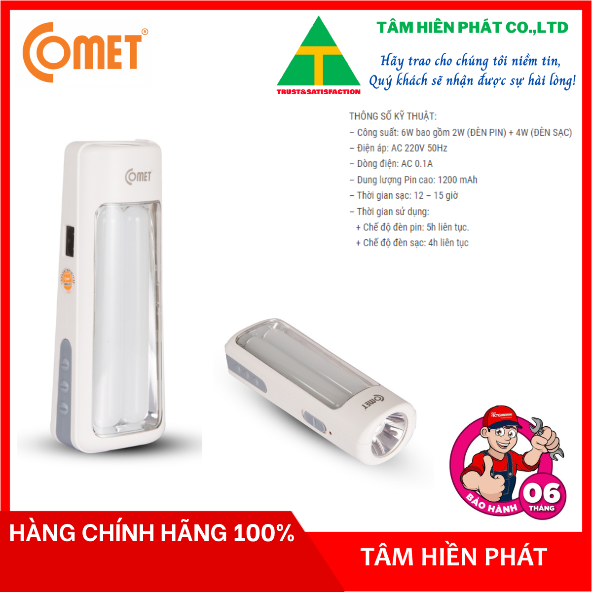 Đèn pin sạc led comet crt456 6w - hàng chính hãng