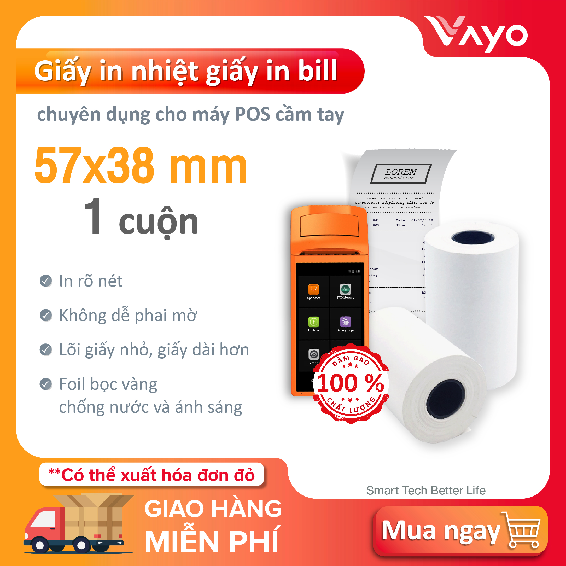 Cuộn lẻ giấy in nhiệt 57 x 38mm, giấy in bill vayo, lõi siêu nhỏ, định lượng 65gsm