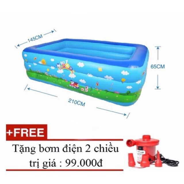 Bể bơi phao loại dày 210x145x65 tặng bơm điện 2 chiều và  miếng vá (ảnh thật)