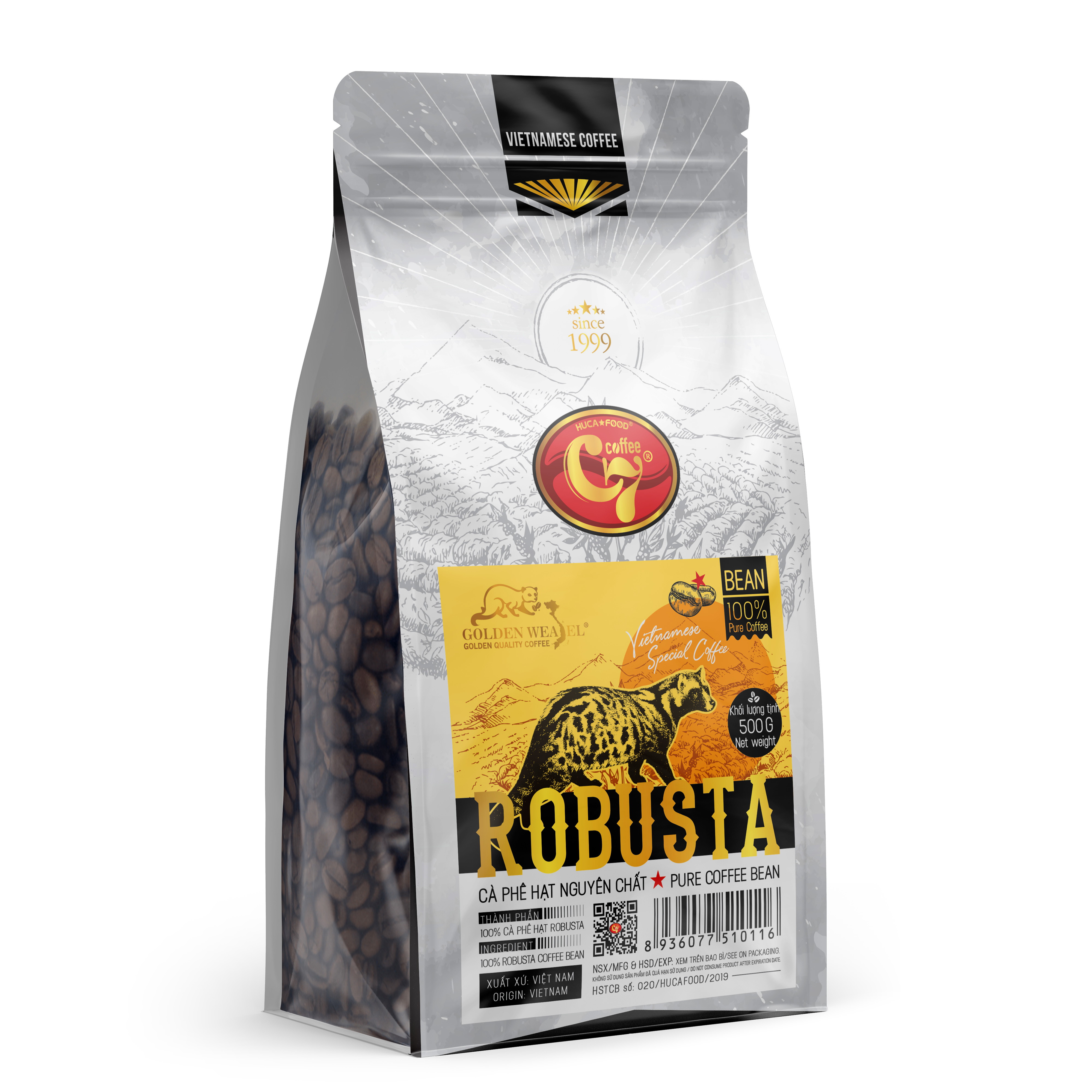 Cà Phê Hạt Robusta Rang Mộc 100% Túi 500Gr - Con Chồn Vàng