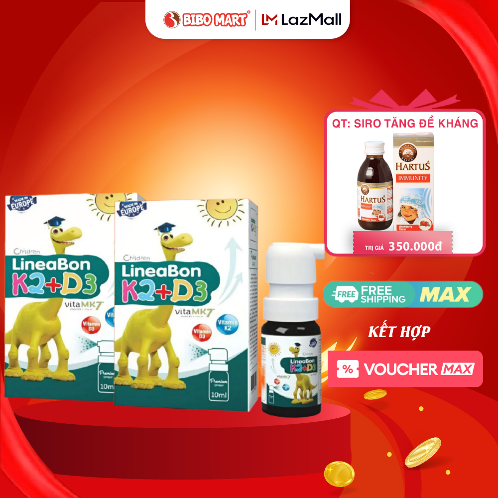 [Combo 2 Hộp] Vitamin K2 D3 LineaBon Spray Màu Xanh Dạng Xịt 10ml Tiện Dụng Cho Bé Phát Triển Chiều Cao Chắc Khỏe Xương - Bibomart