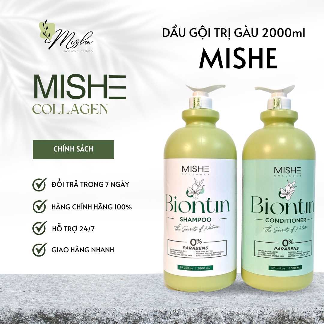 Combo gội + xả mishe collagen biotin dung tích 2000ml/chai bảo vệ da đầu, nuôi dưỡng tóc hiệu quả | mishe 2000ml