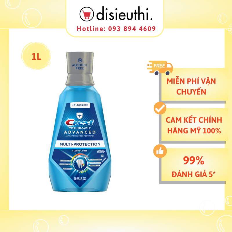 Nước súc miệng CREST Pro-Health Advanced Dung Tích 1L Giúp Bạn Có Được Hàm Răng Khỏe Mạnh Và Hơi Thở Thơm Tho Hàng Nhập Mỹ (Mẫu mới) Crest Pro-Health Advanced Mouthwash, Alcohol Free, Multi-Protection, Fresh Mint, 1 L (33.8 fl oz)