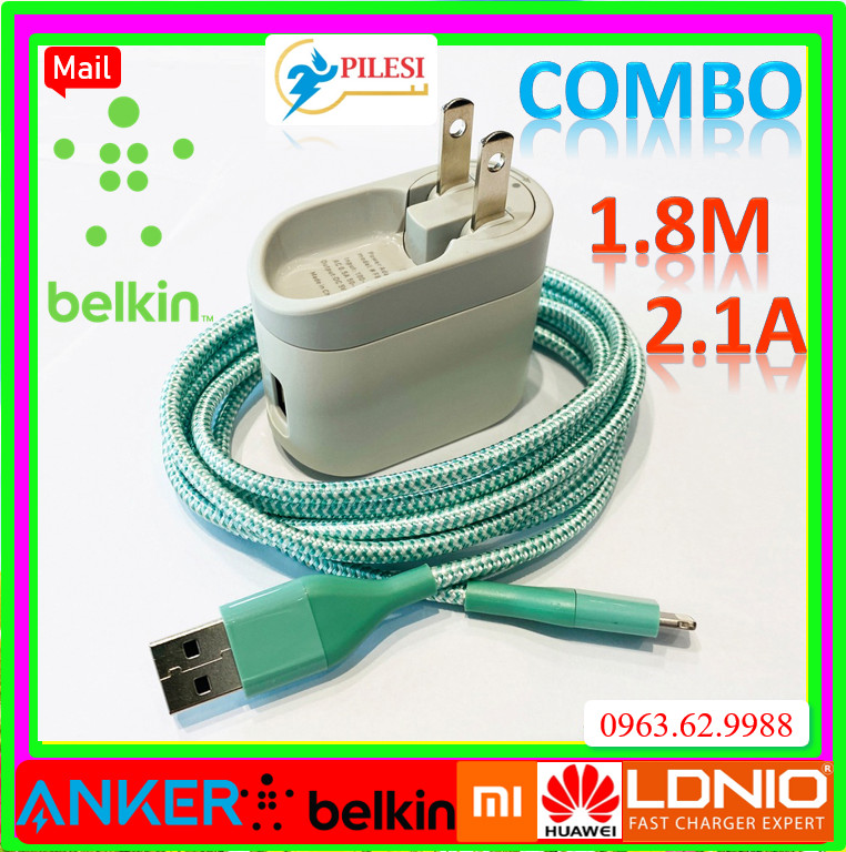 ✅ combo củ cáp sạc belkin chính hãng f8j001, f8j052, f8j230dq lightning, boost charge bọc dù 1m, 1.2m, 1.8m pilesi