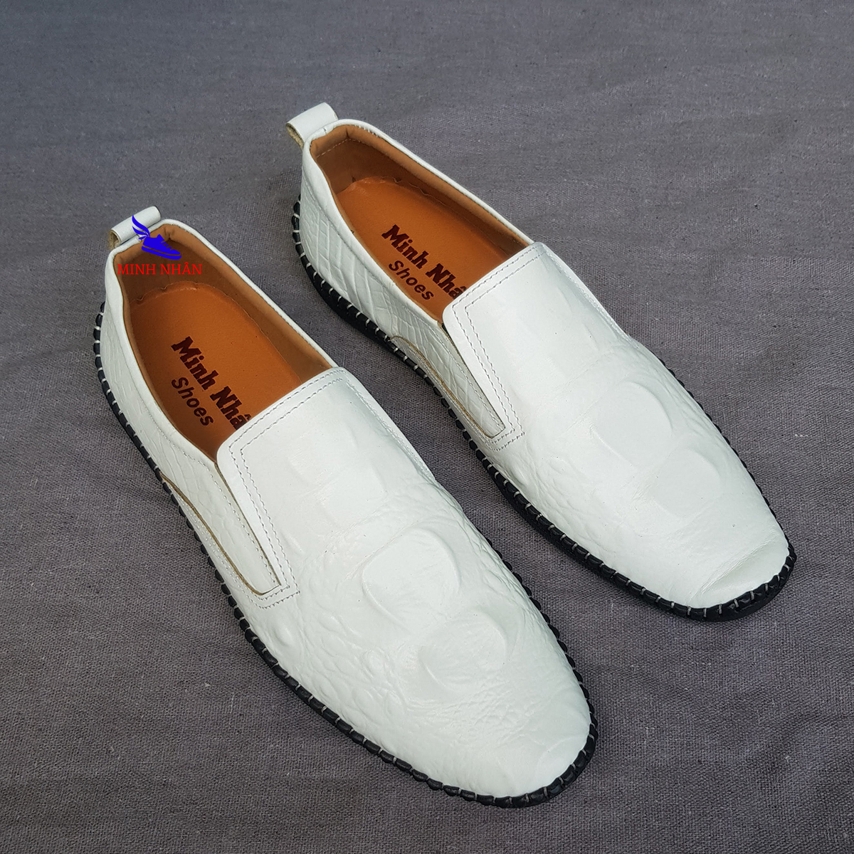  Giày Lười mọi nam Da bò màu trắng đẹp Giày xỏ nhanh nam Slipon Da Bò cao cấp thời trang hàng hiệu giá rẻ dập Vân Cá Sấu Siêu Mềm S-6 màu trắng 