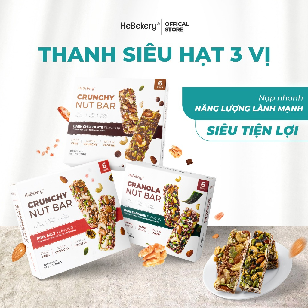 Thanh Năng Lượng Siêu Hạt 3 Vị Muối Hồng Dark Choco Rong Biển Hebekery Hộp 6 Thanh 150gr- Bar Granola Ăn Kiêng Lành Mạnh