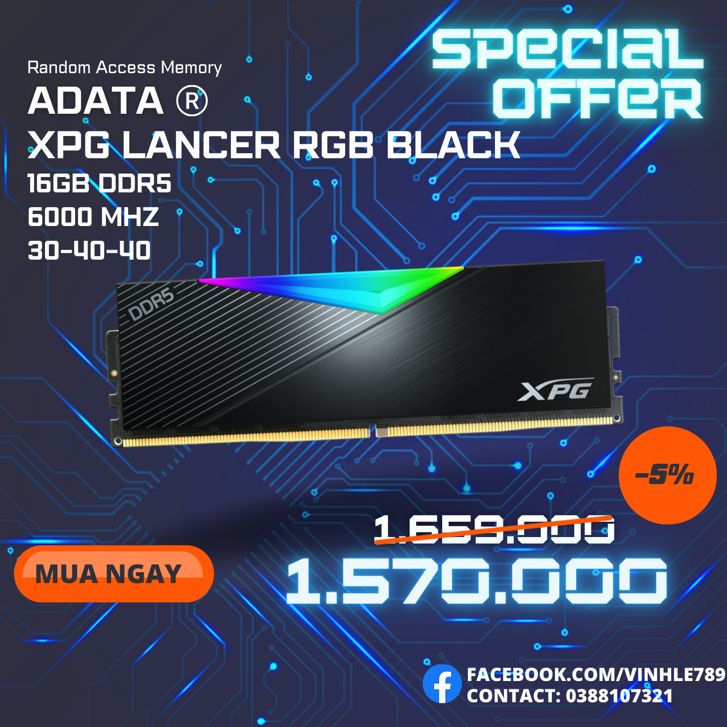 Ram ADATA LANCER DDR5 16GB 6000Mhz BLACK RGB AX5U6000C3016G-CLARBK NEW