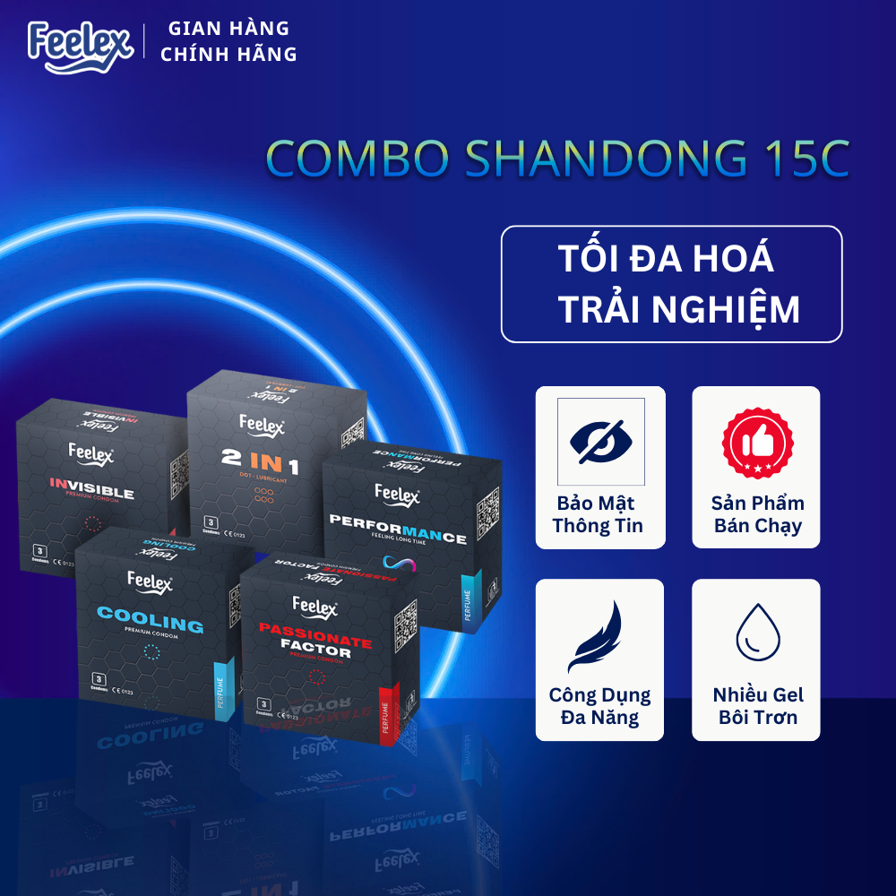  Bao cao su Feelex Combo 5 sắc thái yêu đa dạng trải nghiệm - Hộp 15 chiếc 