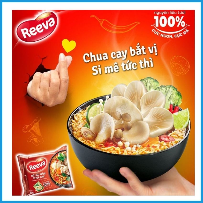 Mì reeva lẩu nấm chua cay 100% nấm thật thùng 30 gói và x85g mmln01