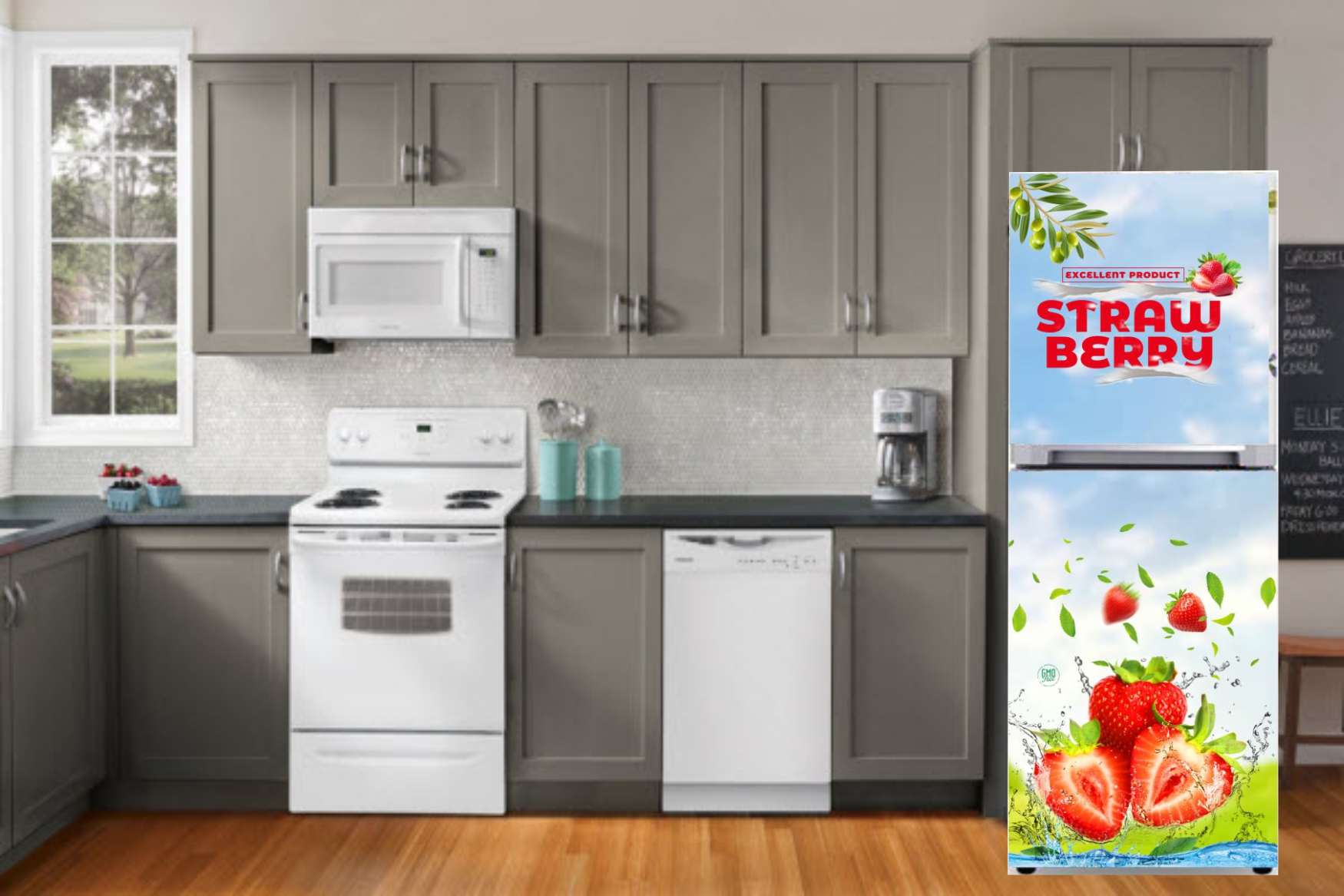 Decal trang trí tủ lạnh mẫu Dâu Tây, chống thấm và chống bám bụi cực tốt giúp bề mặt tủ lạnh luôn mới đẹp