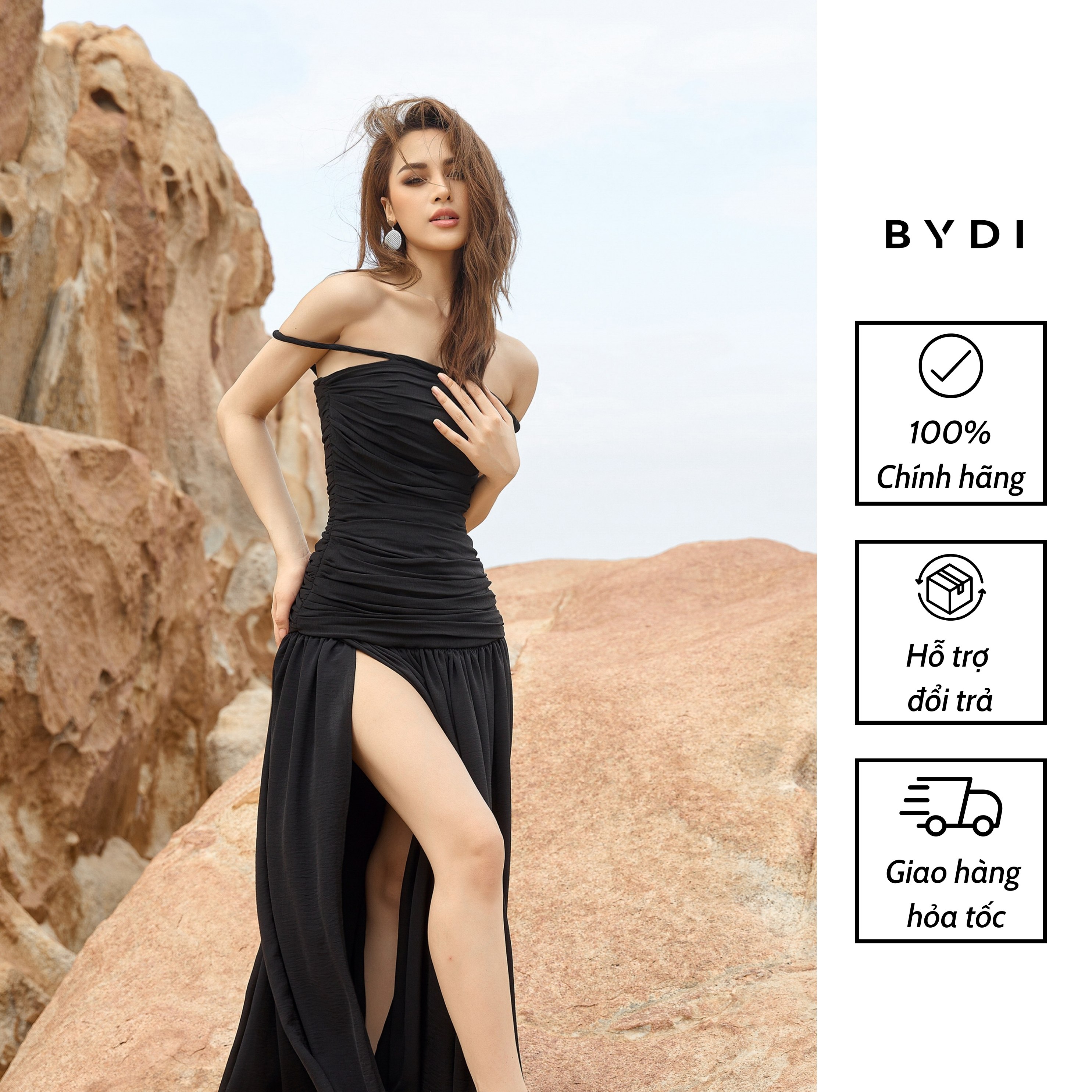 Hoàn tiền 15% - đầm dây trễ vai kiểu nữ dáng dài xẻ tà xếp ly cách điệu | amber dress