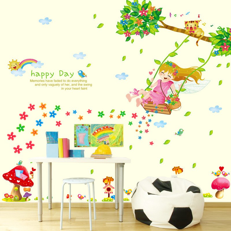 Decal dán tường cô gái ngồi xích đu