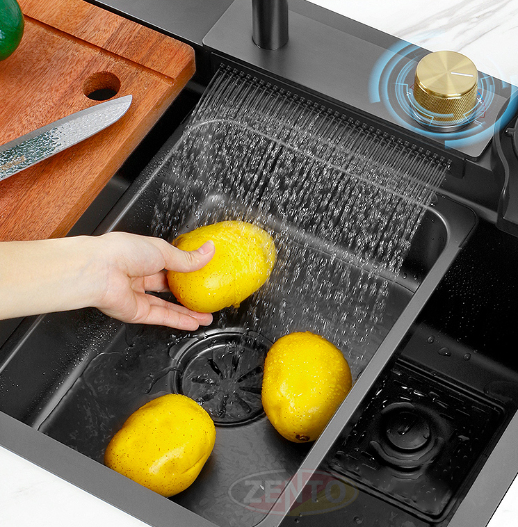Chậu rửa bát 1 hố mạ nano, bồn rửa chén bát có vòi rút, thác nước hiển thị nhiệt độ, rửa cốc thông minh