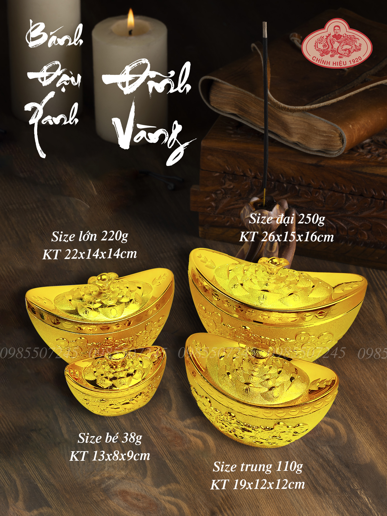 Bánh đậu xanh Đĩnh vàng Rồng vàng Minh Ngọc 4 size bé/trung/lớn/đại