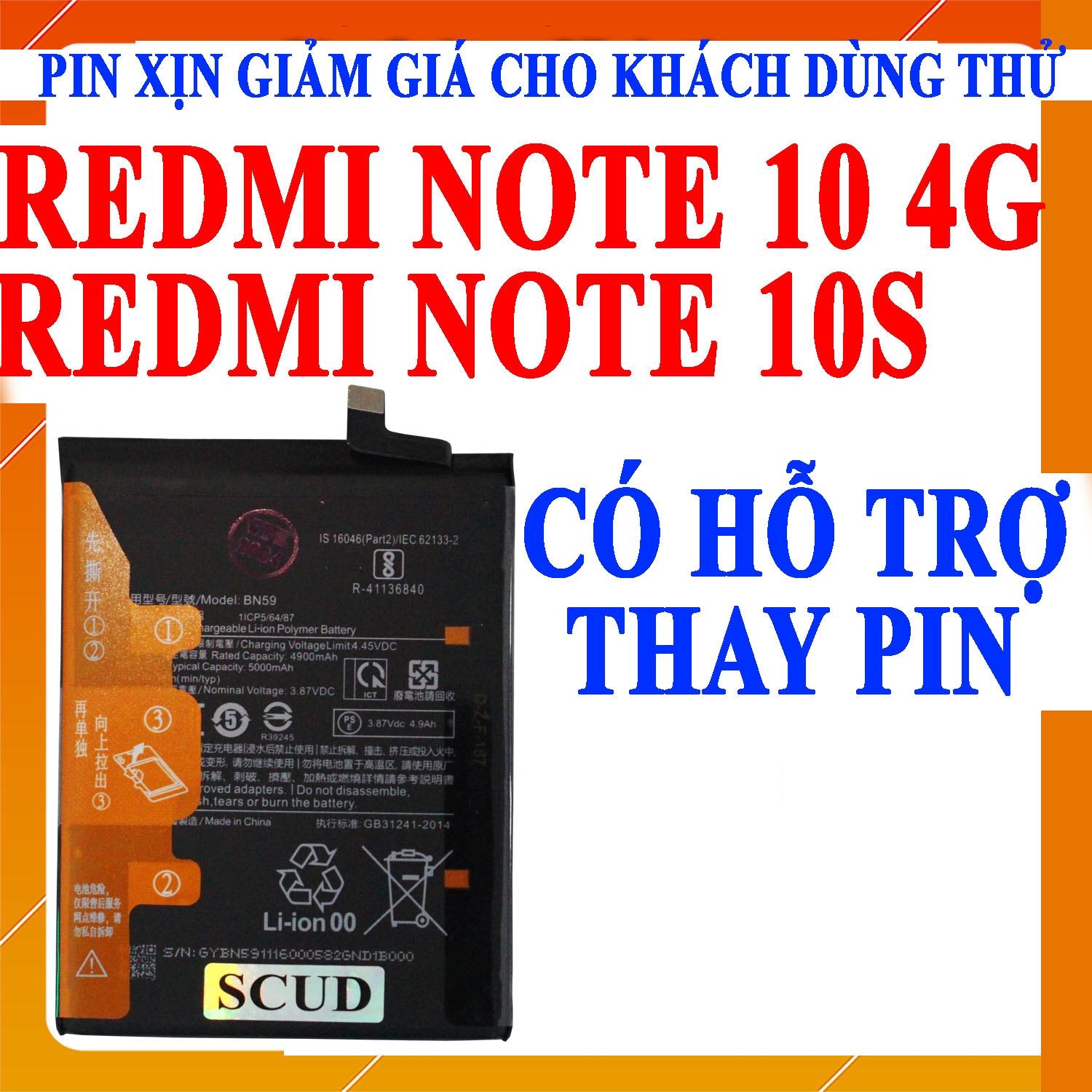 Pin scud cho xiaomi redmi note 10 4g, xiaomi redmi note 10s - bn59 5000mah