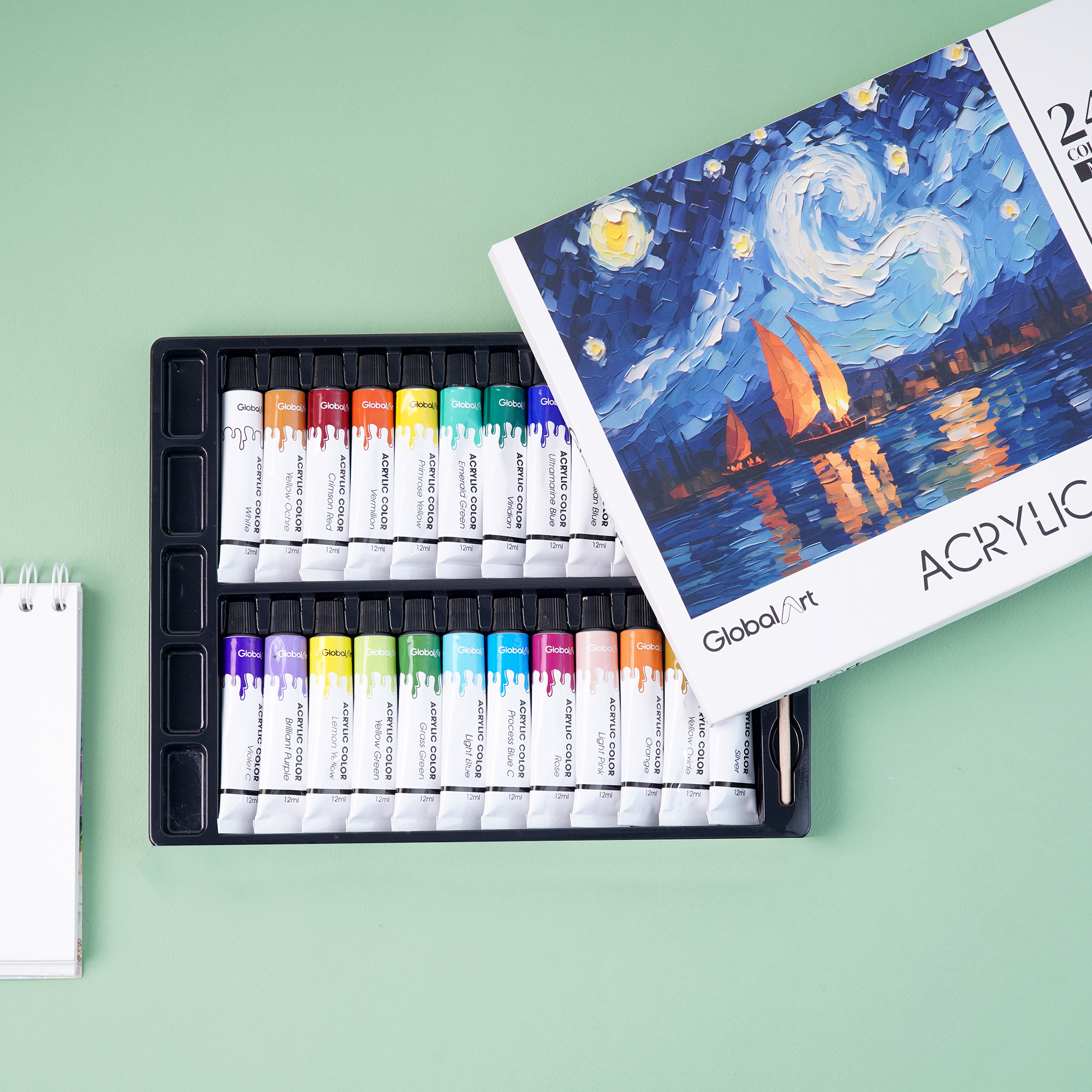 Set Màu Acrylic 12/24 Tuýp Màu Cao Cấp Global Art , Màu Sắc Nét Chuẩn Dễ Dàng Pha Màu Kèm Khay Và Cọ 12 Màu - M70014