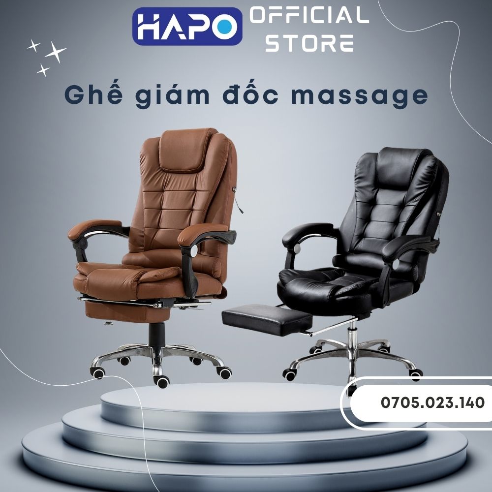 Ghế xoay văn phòng cao cấp massage lưng 2 điểm giúp thư giãn cột sống lưng có gác chân, Ghế công thái học bọc da cao cấp
