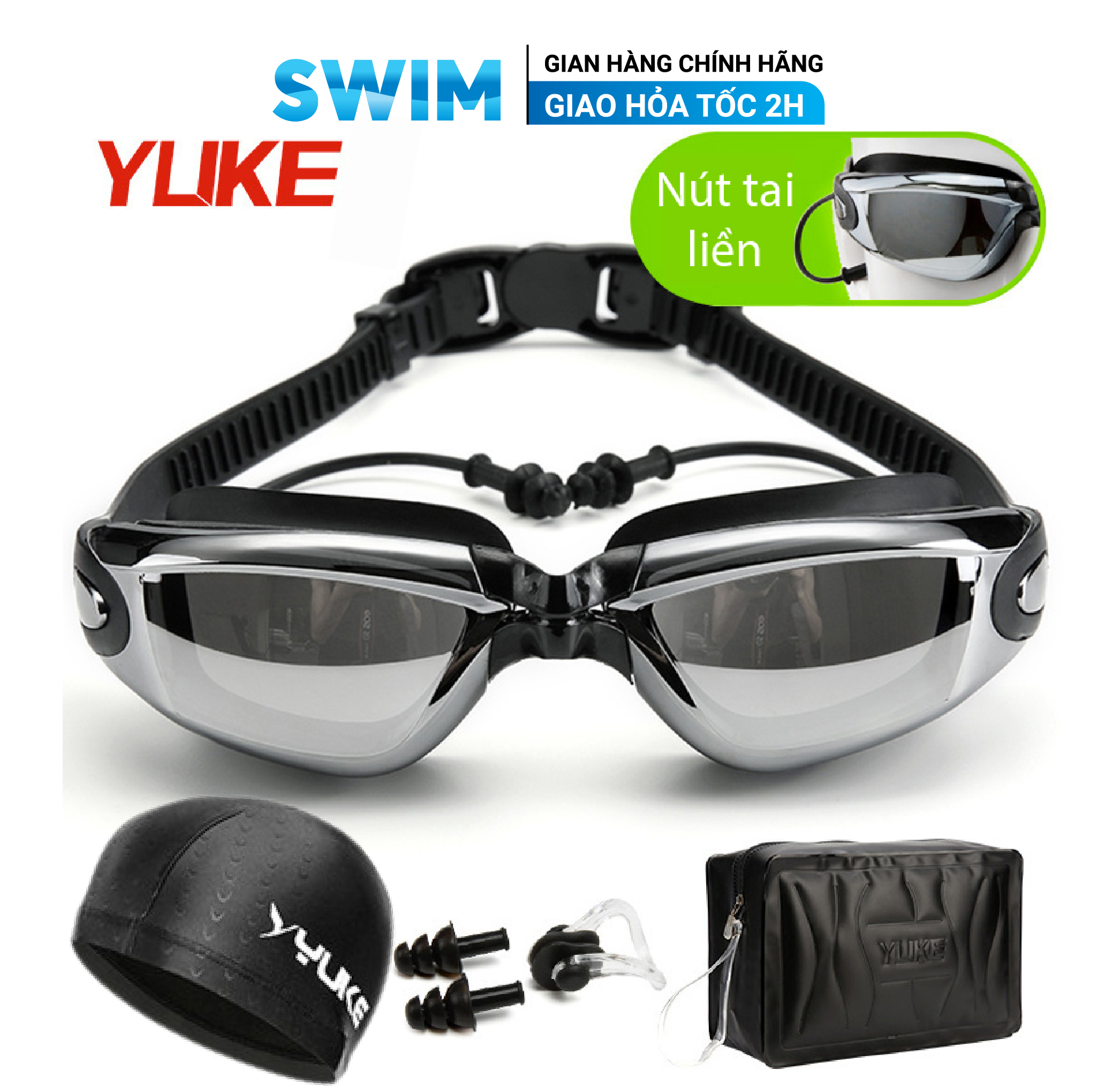 Kính Bơi YLIKE Tráng Gương Kèm Mũ Bơi Nút Tai Bịt Mũi Túi Đựng Đồ Bơi Kính Bơi Tráng Gương Kính Bơi Nam Nữ