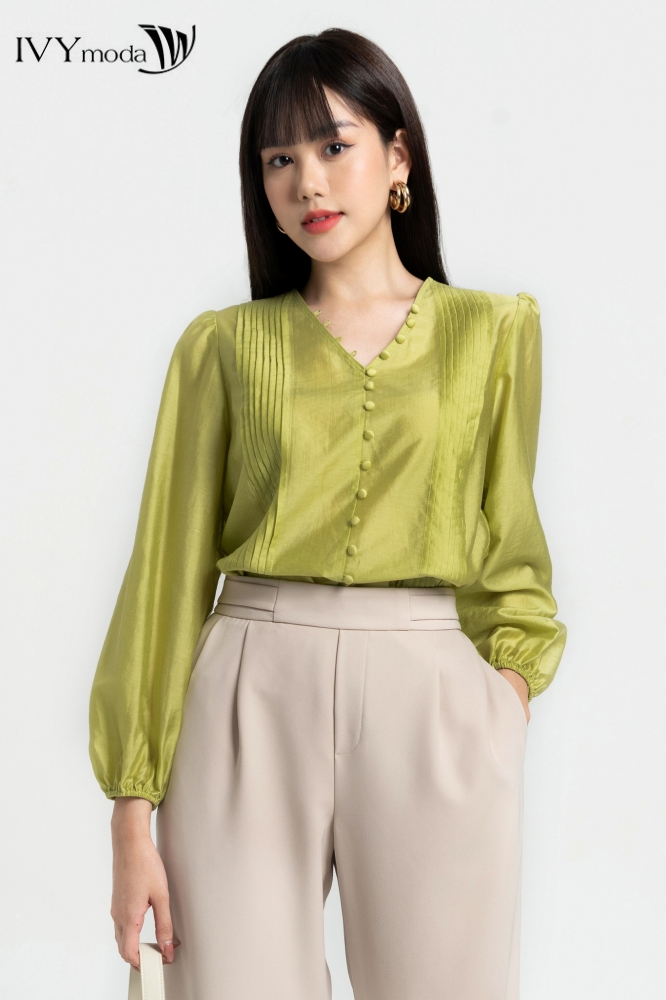 Áo sơ mi lụa phối nút ivy moda ms 17m8025