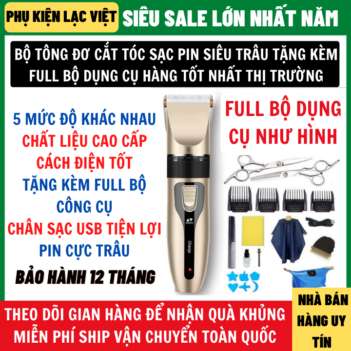 Tông đơ cắt tóc full bộ tặng kèm 1 lược 2 kéo cắt và 1 áo choàng, lược, 4 đầu kích cỡ cắt chất liệu cách điện tốt bảo hành 12 tháng, tông đơ cắt tóc loại tốt, tong do cat toc, tong do cat toc chuyen nghiep