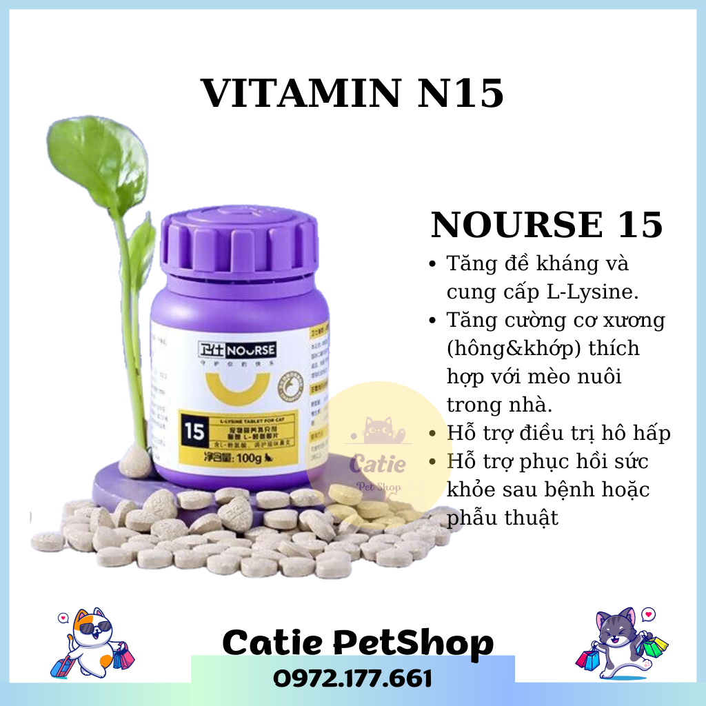 Viên Vitamin Nourse 15 - bổ sung vitamin, L-Lysine hỗ trợ đường hô hấp, tăng sức đề kháng cho mèo