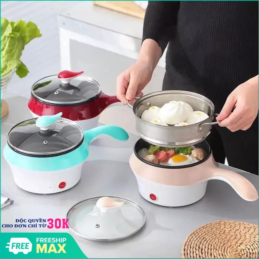 Nồi lẩu điện ca mì có lồng hấp 18cm,2 lớp, Nồi lẩu điện đa năng 2 tầng có lồng hấp và nắp kính cao cấp, Ca nấu mì nồi lẩu đa năng có lồng hấp bằng inox