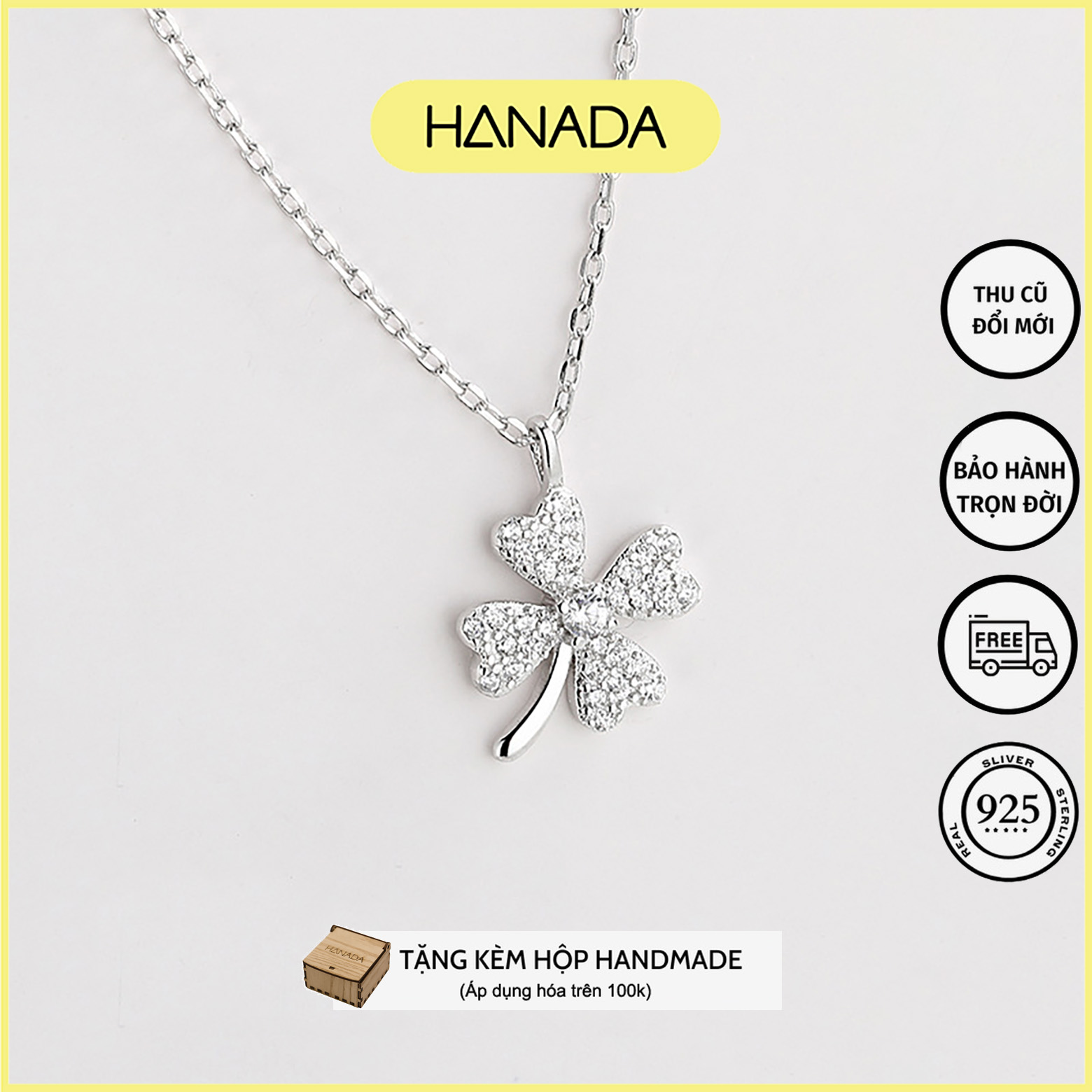 Dây Chuyền Bạc 925 Hanada Vòng Cổ Cỏ 4 Lá Đính Đá Mảnh 0112