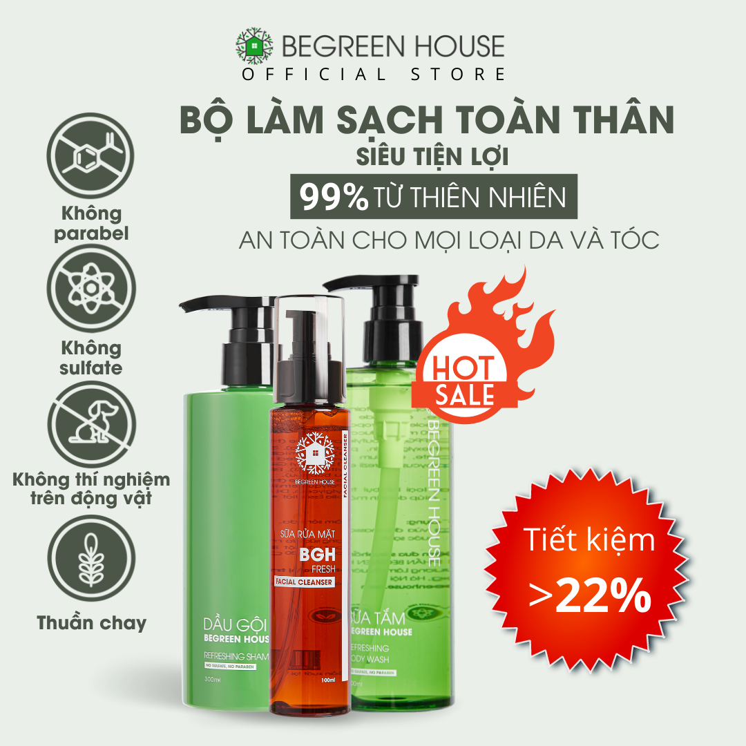[Combo ưu đãi] Bộ làm sạch toàn diện Begreen House: 1 Sữa rửa mặt + 1 Sữa tắm + 1 Dầu gội, làm sạch hiệu quả, an toàn cho mọi loại da và tóc