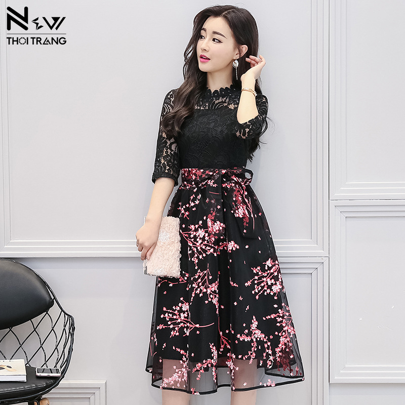Đầm Ren In Hoa Thạch Anh Sang Trọng - New Thoi Trang