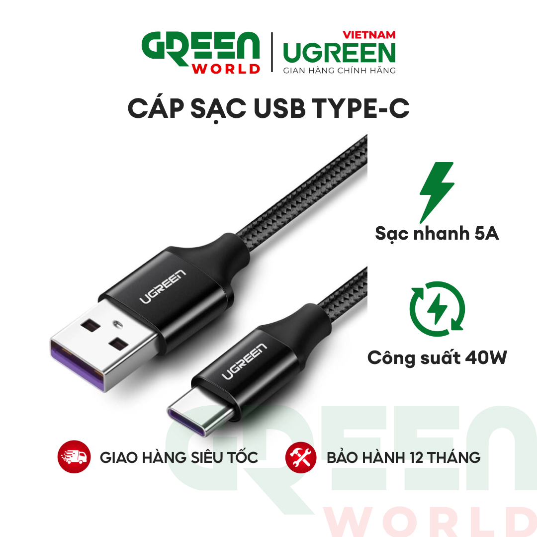 Dây cáp sạc và truyền dữ liệu USB type C công suất tối đa lên đến 40W, dòng tối đa đạt 5A, vỏ bện nylon UGREEN US279