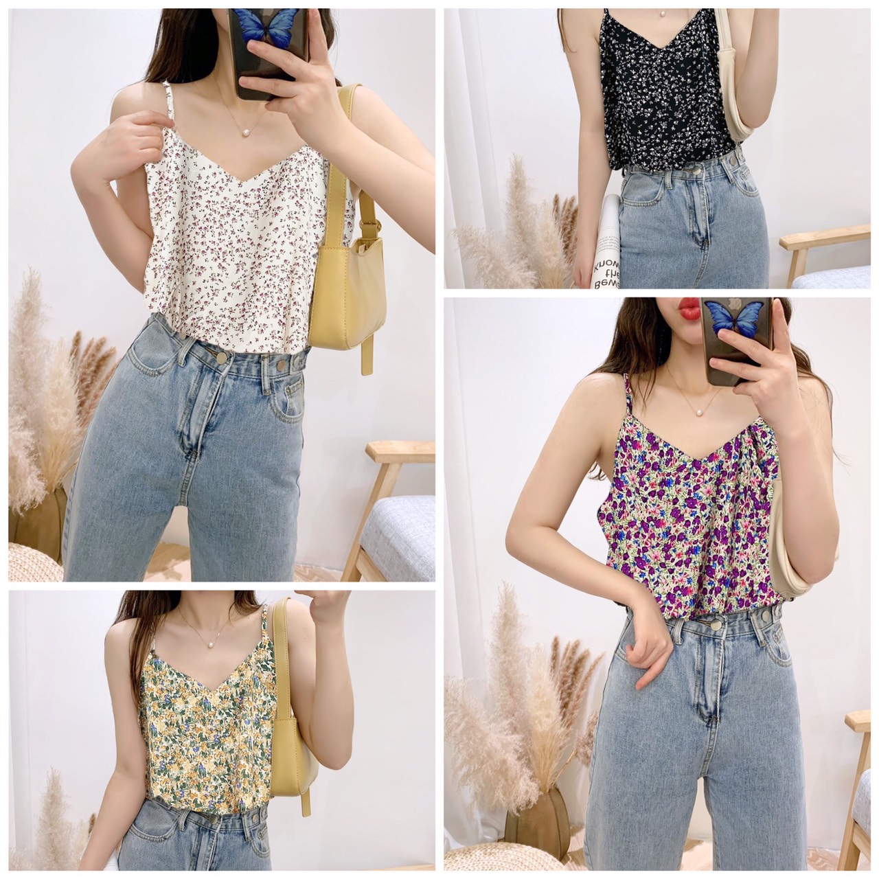 Áo Hai Dây Hoa Nhí Chất Voan Nhật Mát 🦋 Áo 2 Dây Nữ Nhiều Màu Phong Cách Vintage