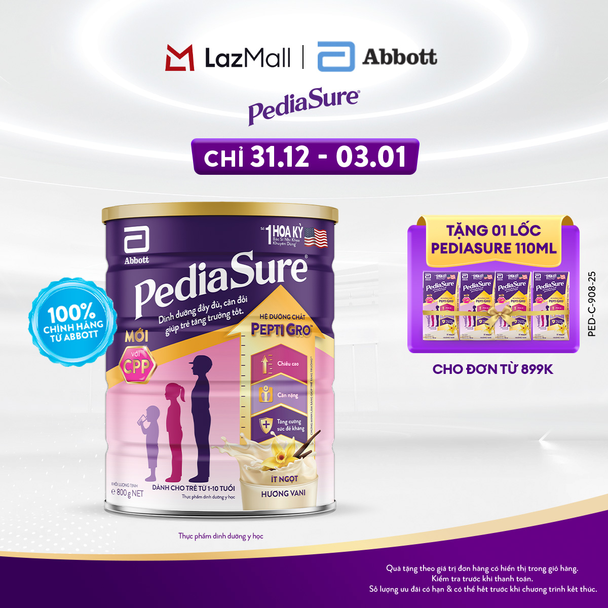   CHỈ 31.12 - 03.01 QUÀ TẶNG CHO ĐH 899K-SLCH  Lon sữa bột Pediasure hương vani ít ngọt 800g  mẫu mới  